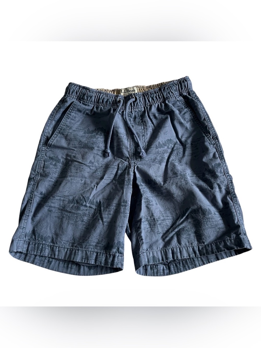 LL Bean Classic Fit Mens Small Drawstring Shorts Blue Lakehouse Illustration